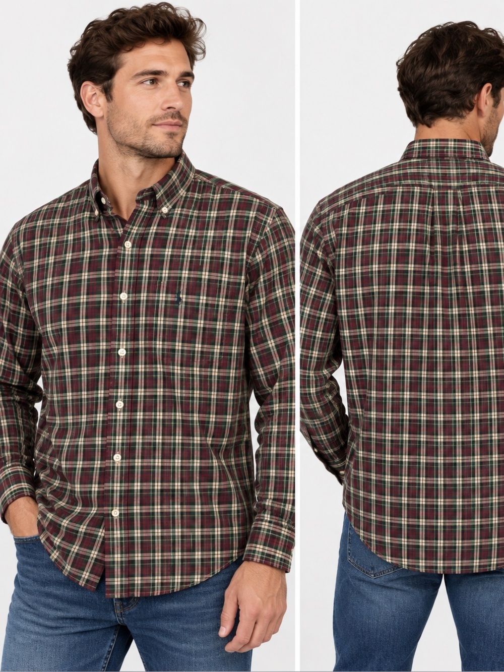 Ralph Lauren Polo Men’s L Burgundy Green Plaid Button Down 100% Cotton